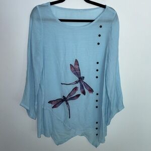 Dragonfly Boho Side Buttons Women's M Long Sleeve Flowy‎ Artsy Top Powder Blue